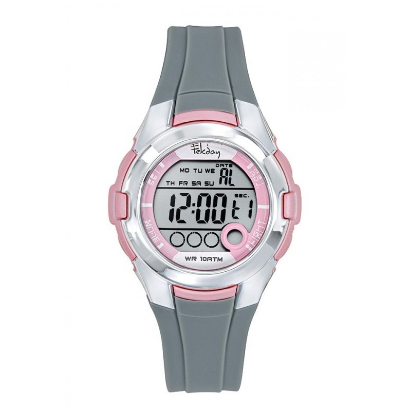 Montre Tekday Enfant digital silicone gris boitier argenté avec éléments rose