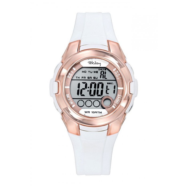 Montre Tekday Enfant digital silicone blanc boitier doré rose