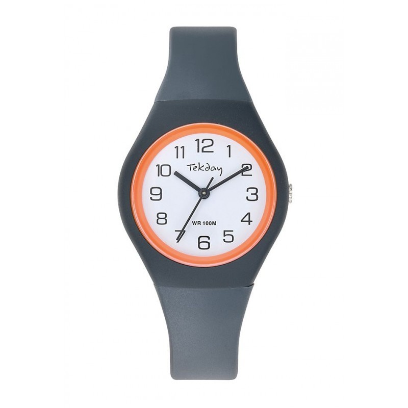 Montre Tekday Enfant silicone gris fond de cadran blanc avec liseré orange