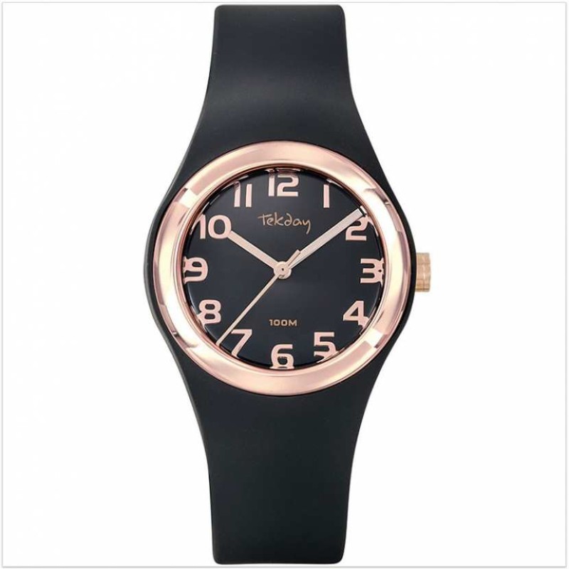 Montre Tekday Enfant silicone noir lunette doré rose