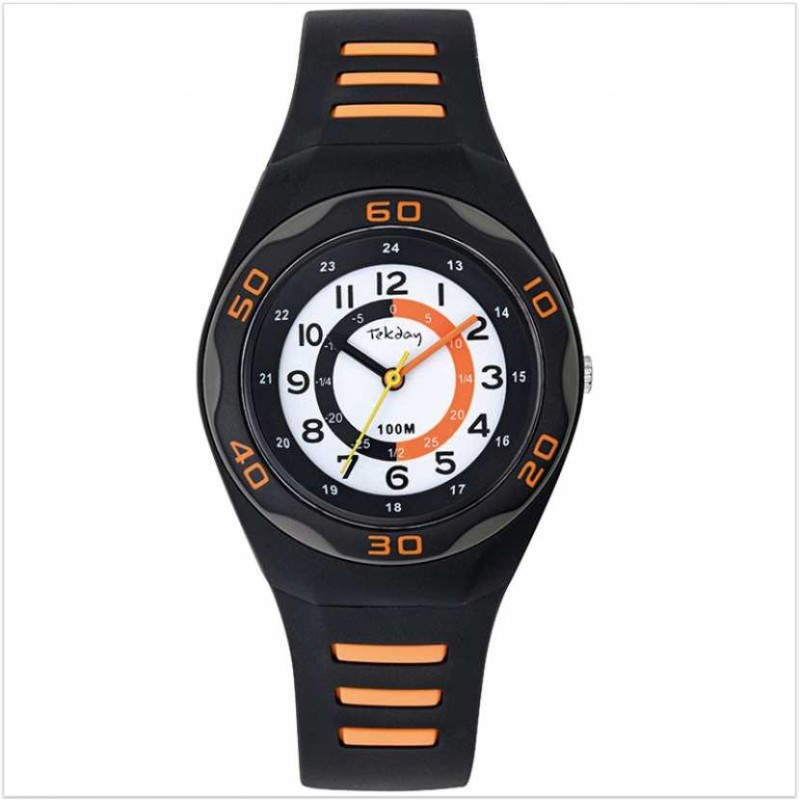 Montre Tekday Enfant silicone noir et orange cadran simplifié pour la lecture