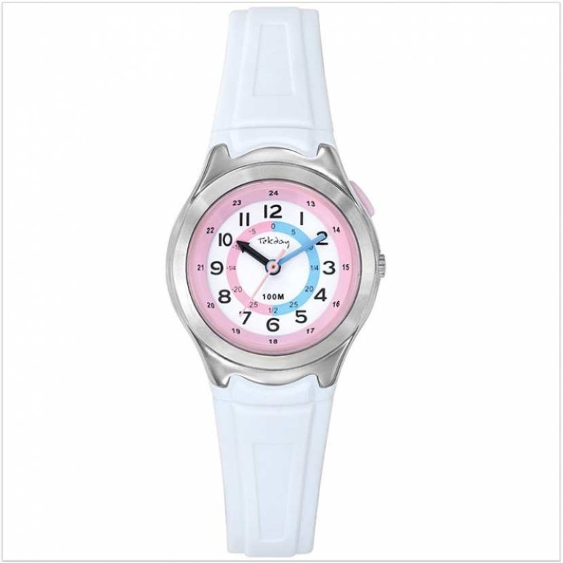 Montre Tekday Enfant silicone blanc cadran rose simplifié pour la lecture