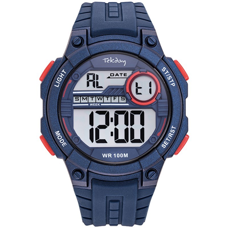 Montre Tekday Homme digital silicone bleu éléments rouge