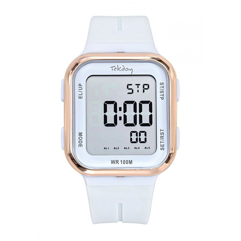 Montre Tekday Femme digital silicone blanc lunette doré rose