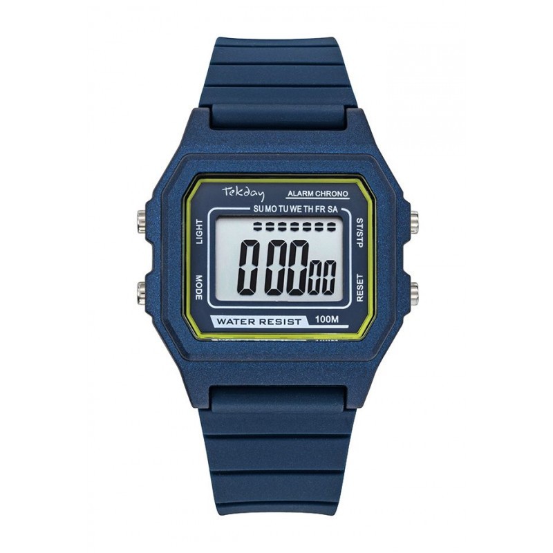 Montre Tekday Mixte digital silicone bleu liseré jaune