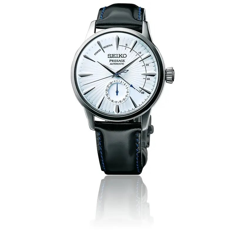 Montre Homme Seiko présage automatique cocktail sky diving bracelet cuir noir lisse surpiqures bleues
