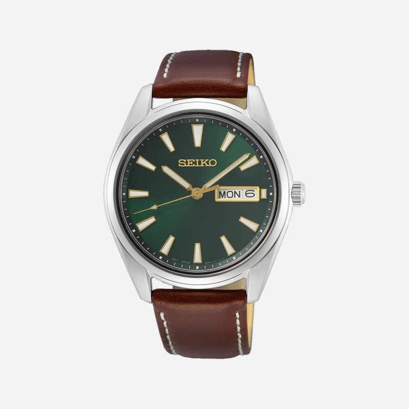 Montre Homme Seiko classique bracelet marron lisse surpiqures blanches cadran vert