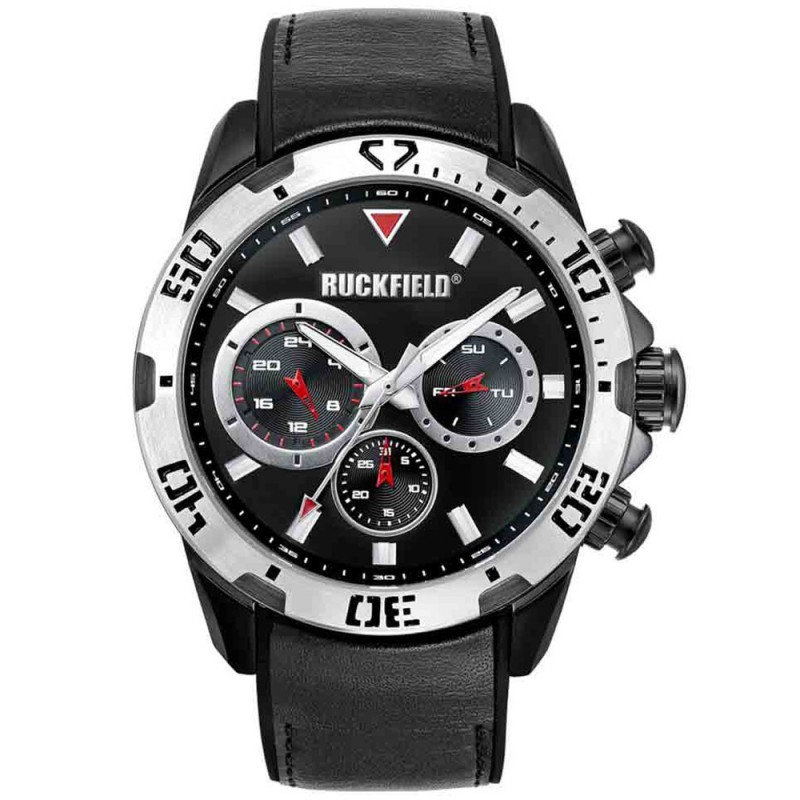 Montre Ruckfield Homme acier et cuir noir multifonctions