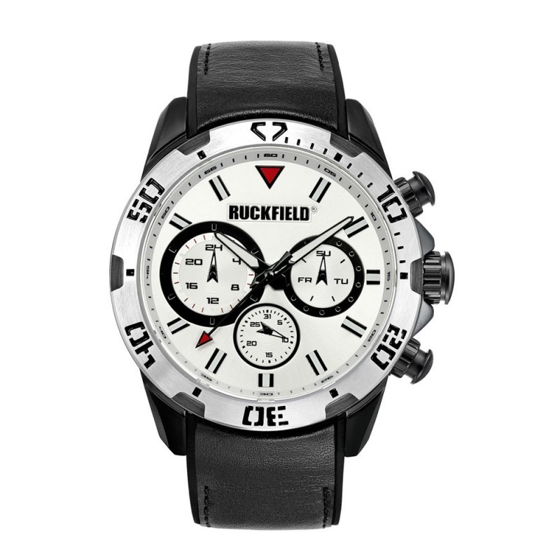 Montre Ruckfield Homme acier et cuir noir multifonctions fond blanc
