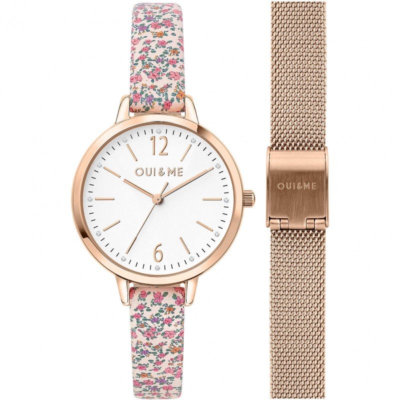 Coffret Montre Oui & Me Fleurette acier doré rose bracelets milanais et cuir fleuri