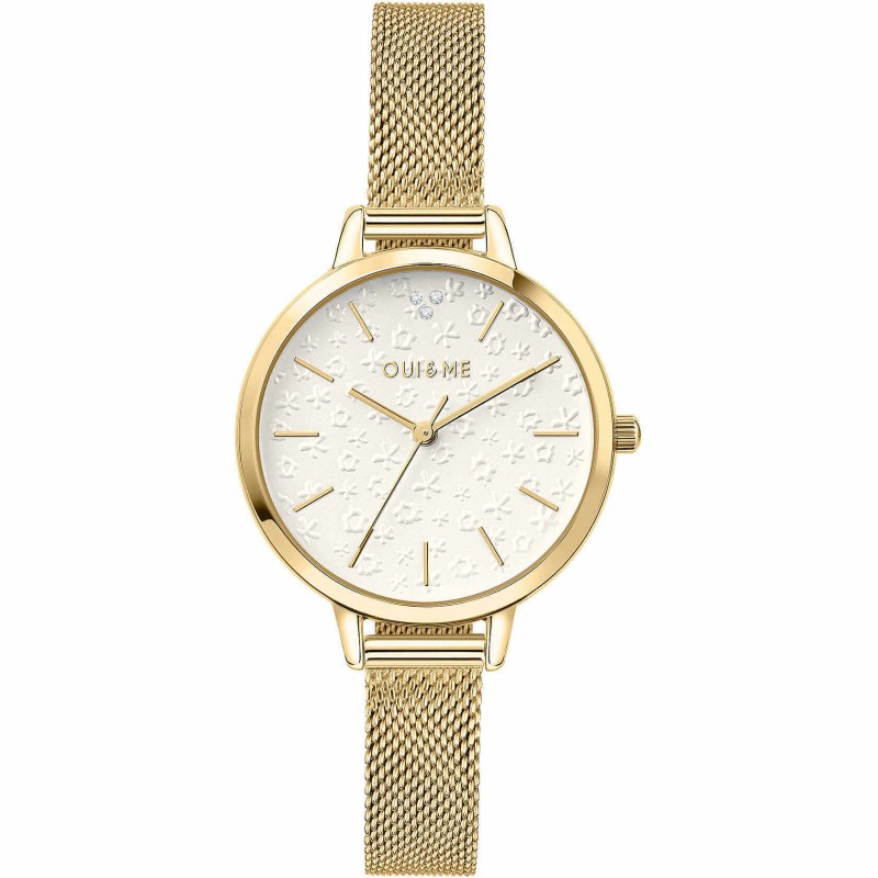 Montre Oui & Me acier doré rose fond fleuri beige avec oxydes de zirconium