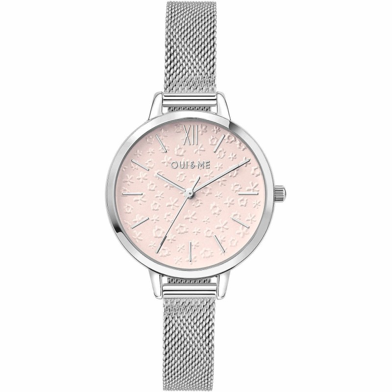 Montre Oui & Me acier argenté fond fleuri rose