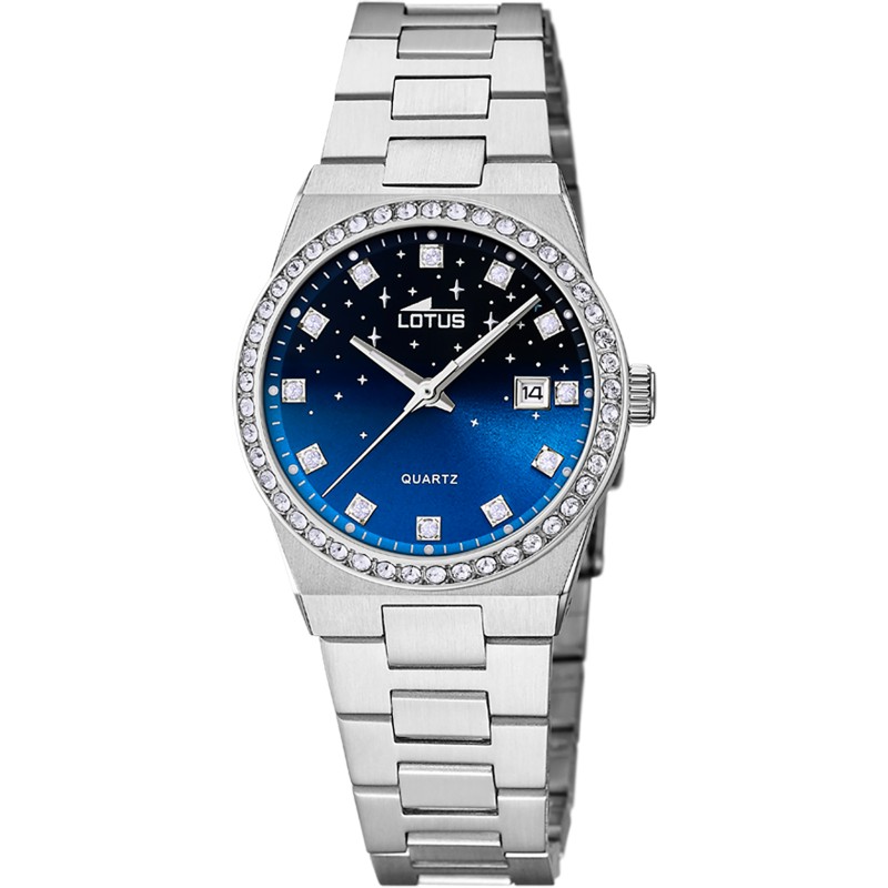 Montre Lotus Femme Freedom acier argenté fond noir et bleu avec oxydes de zirconium