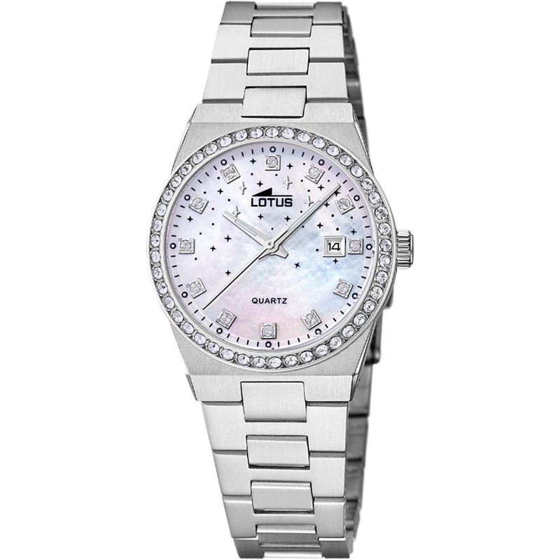 Montre Lotus Femme Freedom acier argenté fond nacré avec oxydes de zirconium