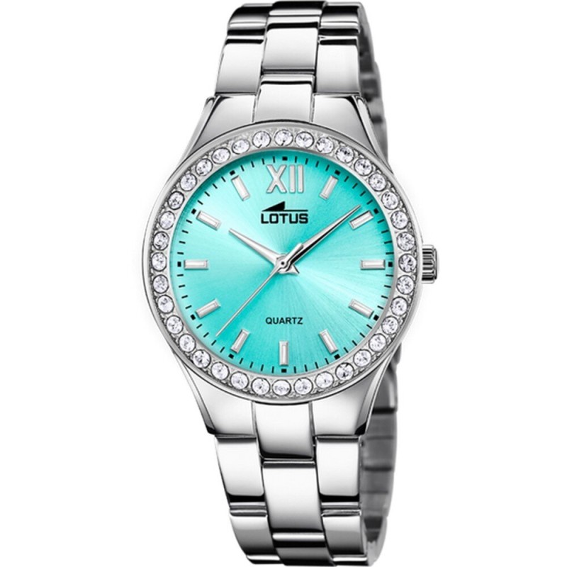 Montre Lotus Femme acier argenté fond bleu lunette avec oxydes de ziconium