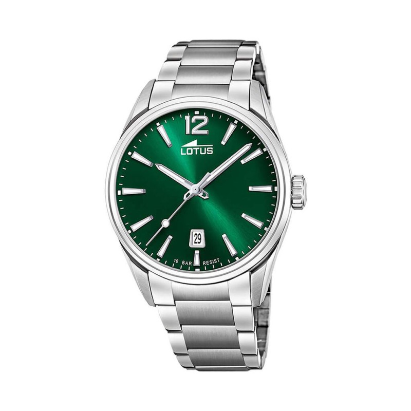 Montre Lotus Homme Minimalist bracelet acier argenté fond vert avec dateur