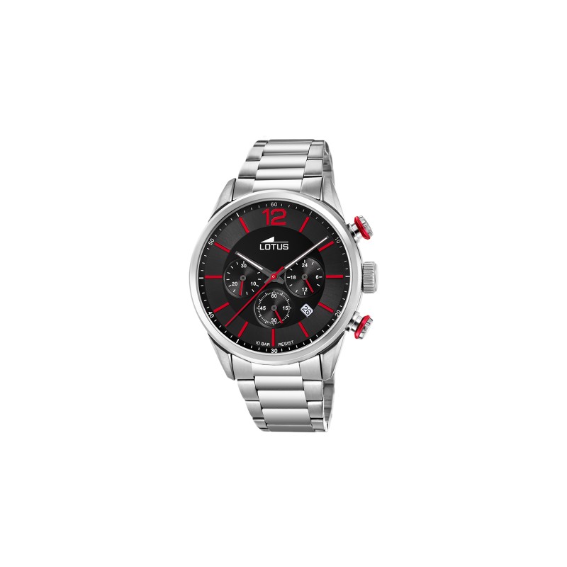 Montre Lotus Homme Chrono bracelet acier argenté fond noir index rouge