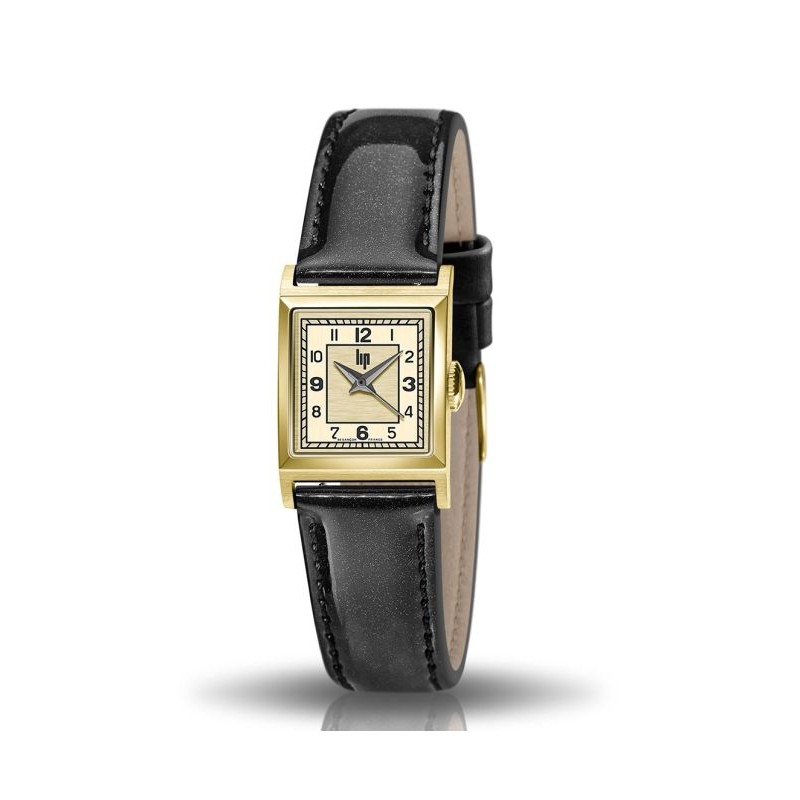 Montre LIP Femme C18 boitier carré doré bracelet cuir noir brillant