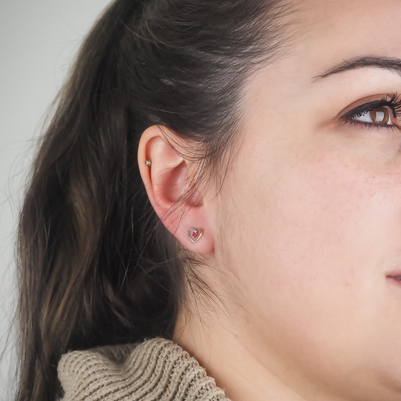 Boucles d'oreilles Carador cœur bicolore or 375/000 et rubis 0,15 cts