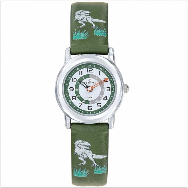 Montre enfant certus junior bracelet cuir vert kaki avec dinosaures
