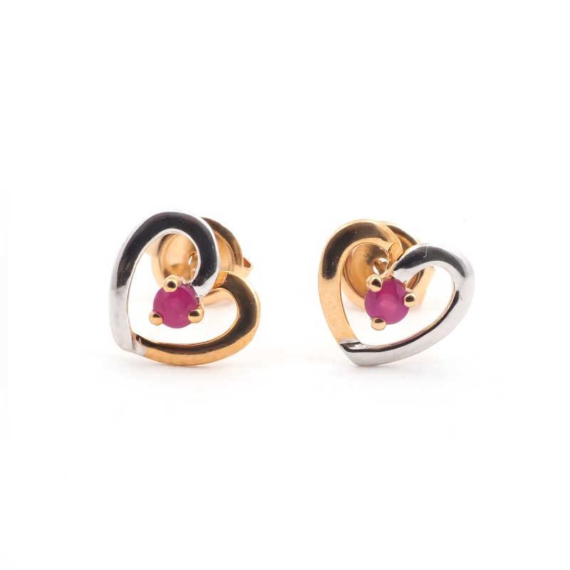 Boucles d'oreilles Carador cœur bicolore or 375/000 et rubis 0,15 cts