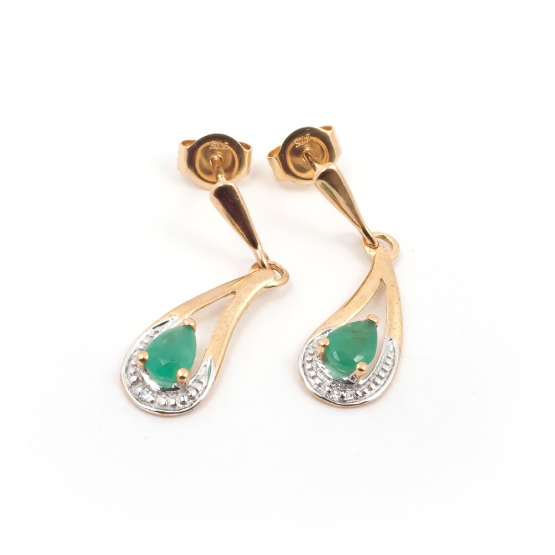 Boucles d'oreilles Carador pendantes classiques or jaune 375/000, émeraude 0,40 cts et diamant