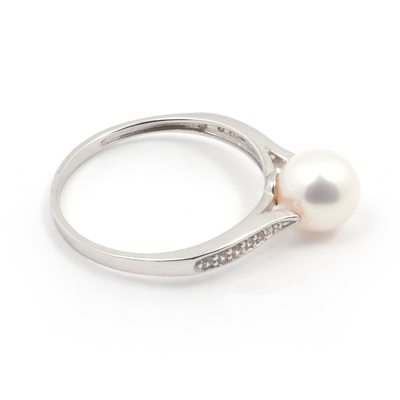 Bague solitaire accompagné  Carador en or blanc 375/000 Perle et oxydes de zirconium