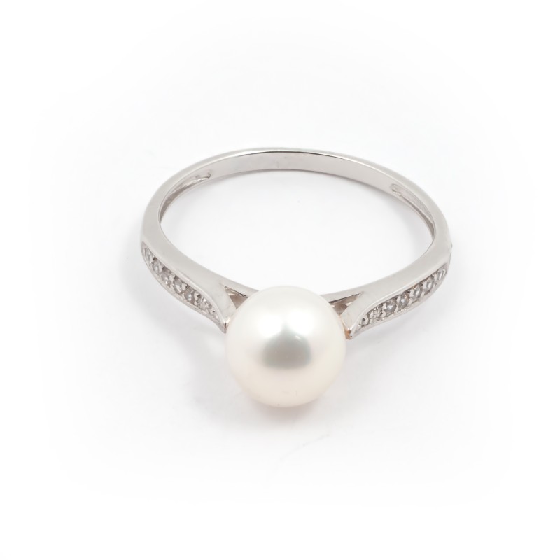 Bague solitaire accompagné  Carador en or blanc 375/000 Perle et oxydes de zirconium