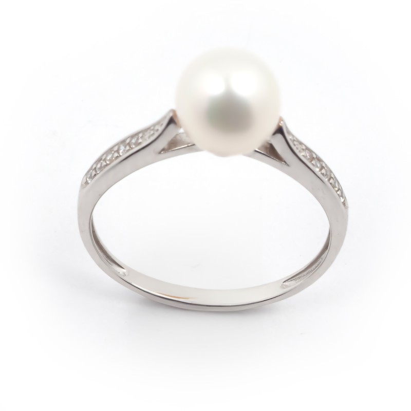 Bague solitaire accompagné  Carador en or blanc 375/000 Perle et oxydes de zirconium