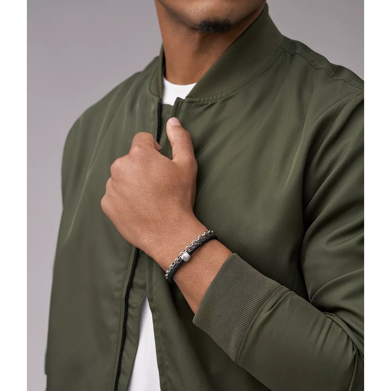 Bracelet Homme Fossil en acier argenté et cuir noir