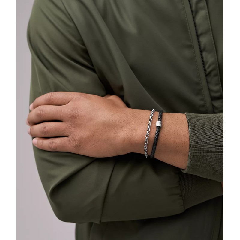 Bracelet Homme Fossil en acier argenté et cuir noir