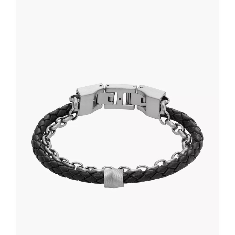 Bracelet Homme Fossil en acier argenté et cuir noir