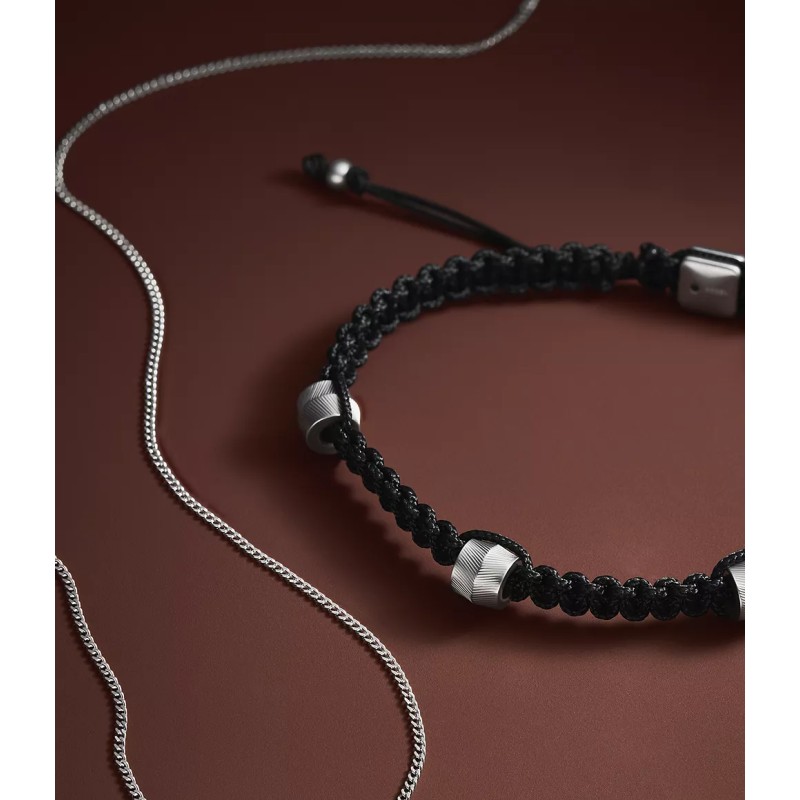 Bracelet Homme Fossil perles onyx et cordon noir