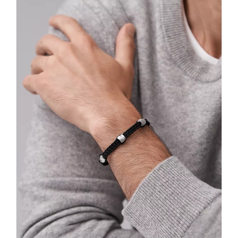 Bracelet Homme Fossil perles onyx et cordon noir
