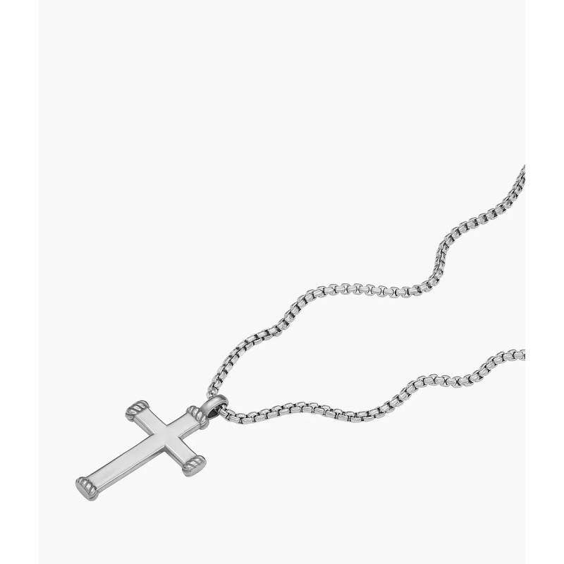 Collier Pendentif Homme Fossil en acier argenté forme de croix