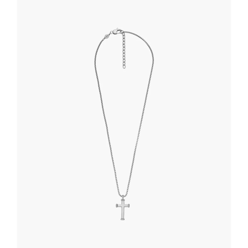 Collier Pendentif Homme Fossil en acier argenté forme de croix