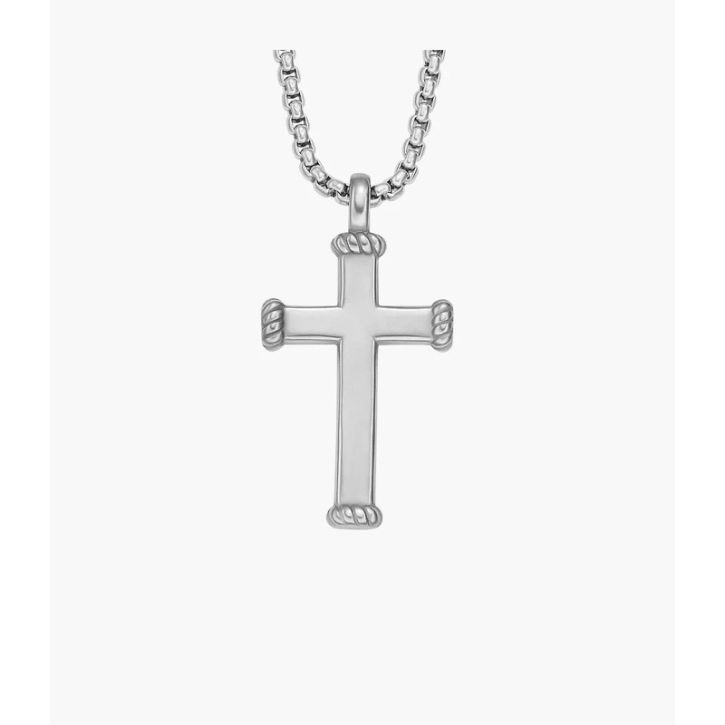 Collier Pendentif Homme Fossil en acier argenté forme de croix