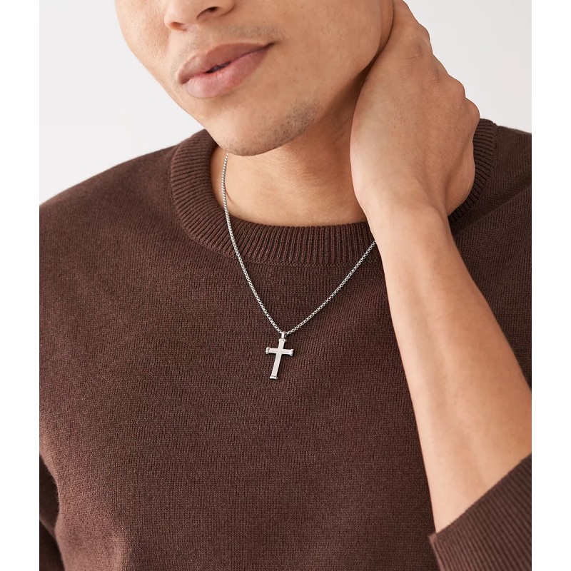 Collier Pendentif Homme Fossil en acier argenté forme de croix