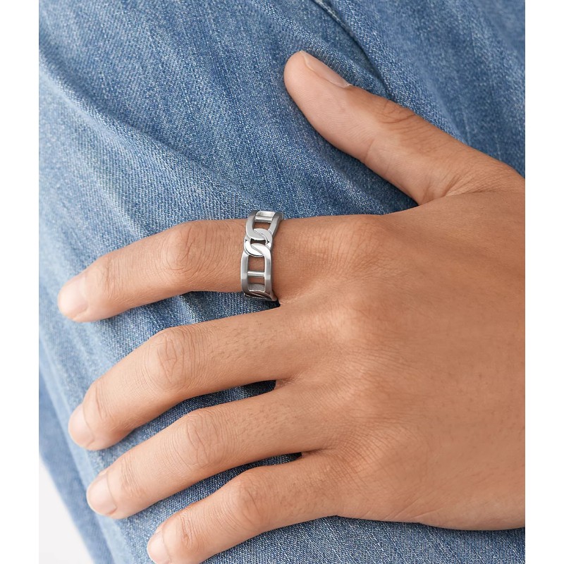 Bague Fossil homme en acier argente