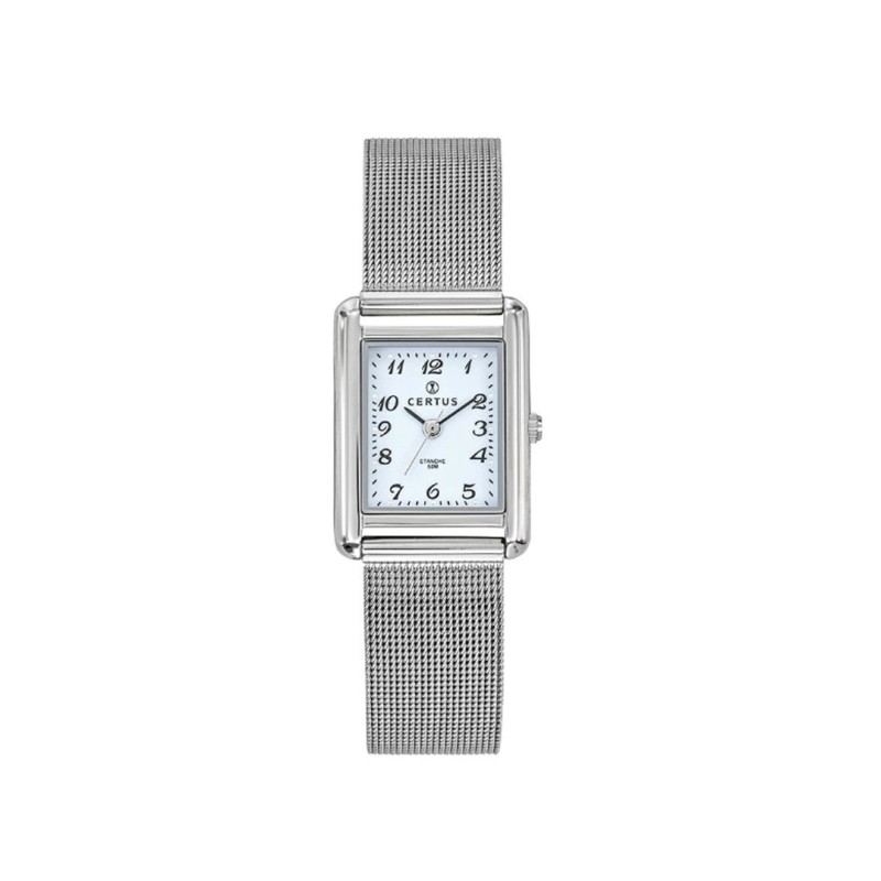Montre Certus cadran rectangulaire bracelet milanais argenté