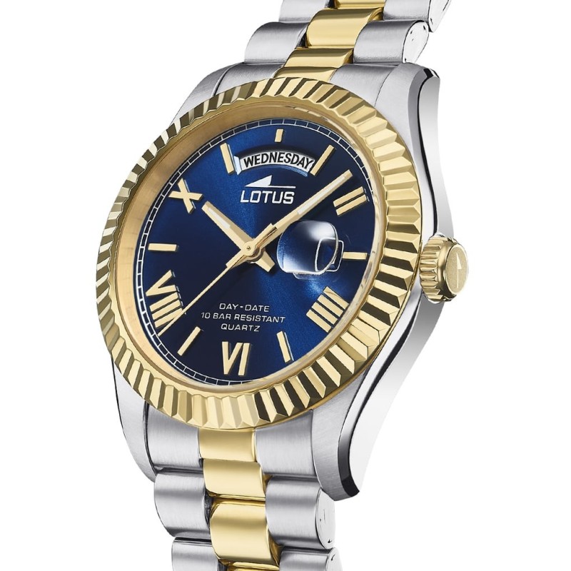 Montre Lotus homme bracelet acier bicolore fond bleu index dorés