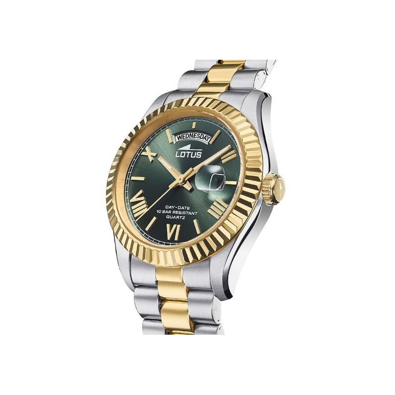 Montre Lotus homme bracelet acier bicolore fond vert index dorés