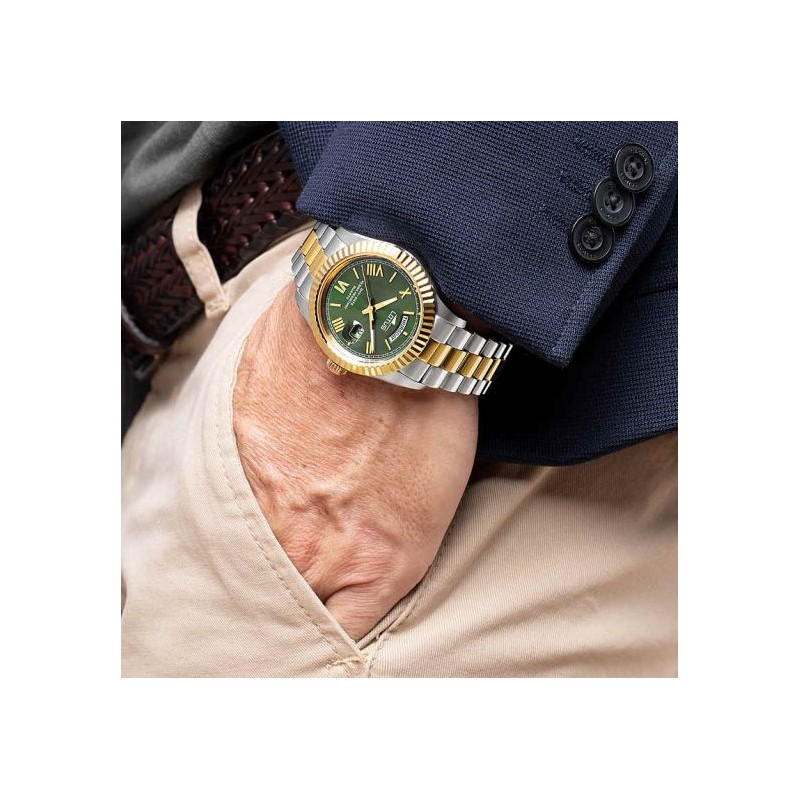 Montre Lotus homme bracelet acier bicolore fond vert index dorés