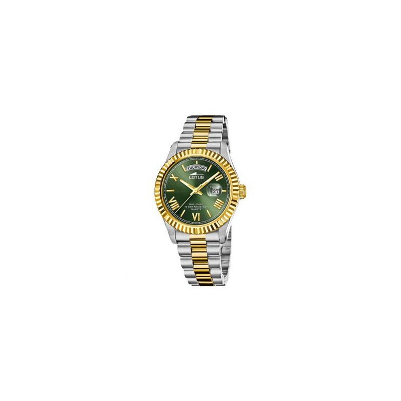 Montre Lotus homme bracelet acier bicolore fond vert index dorés