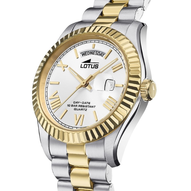 Montre Lotus homme bracelet acier bicolore fond blanc index dorés