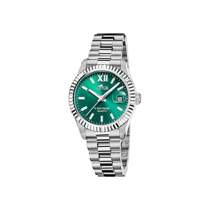 Montre Lotus femme bracelet acier argente fond vert