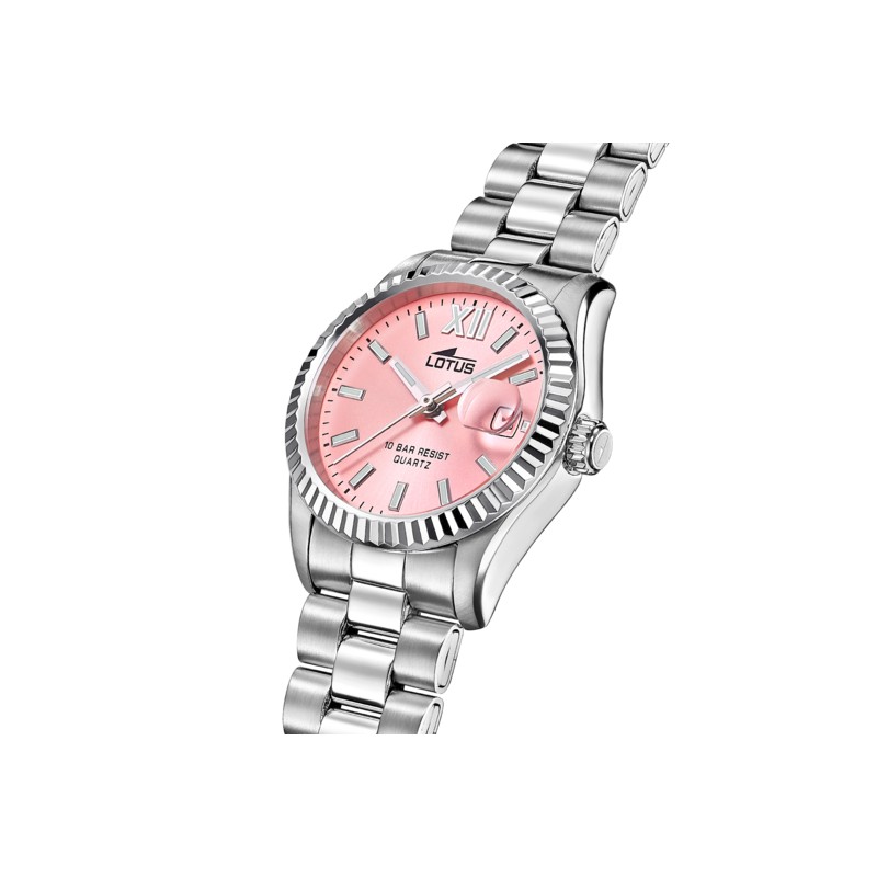 Montre Lotus femme bracelet acier argente fond rose