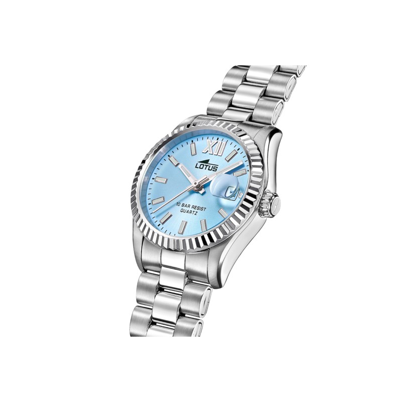Montre Lotus femme bracelet acier argente fond bleu