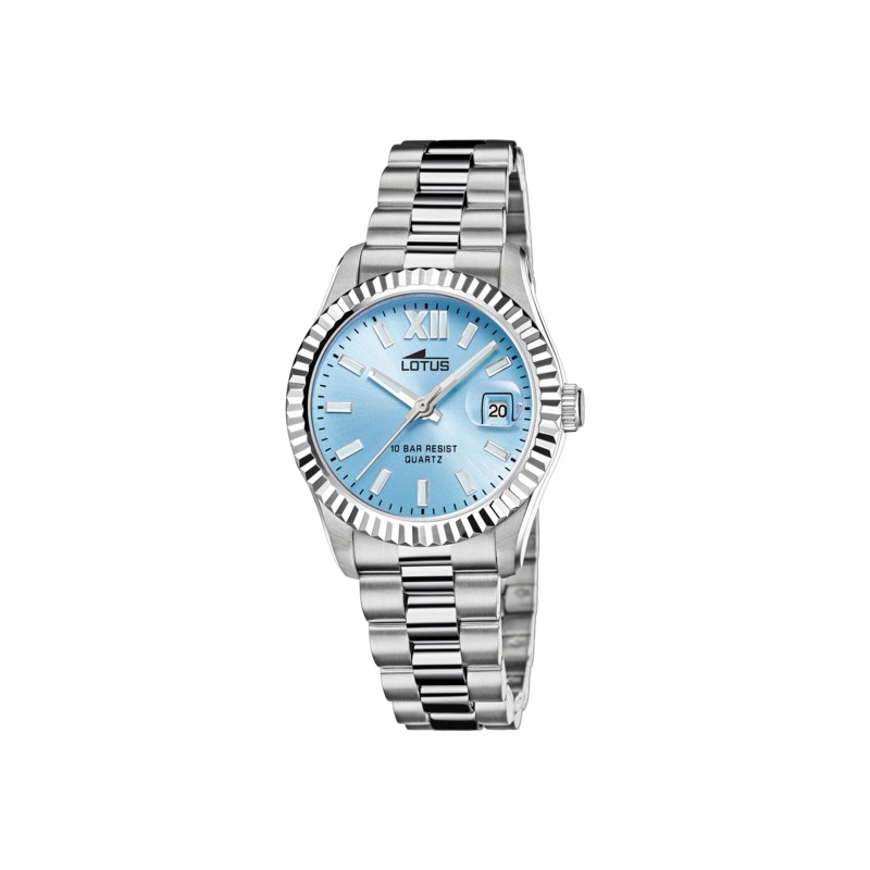 Montre Lotus femme bracelet acier argente fond bleu