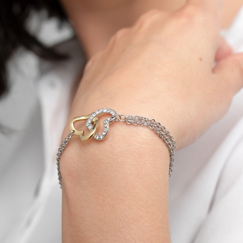 Bracelet lotus style femme acier bicolore doubles coeurs